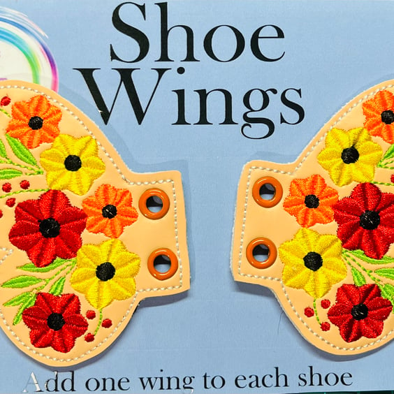 Floral butterfly Wings, Embroidered shoe,boot wings. Orange