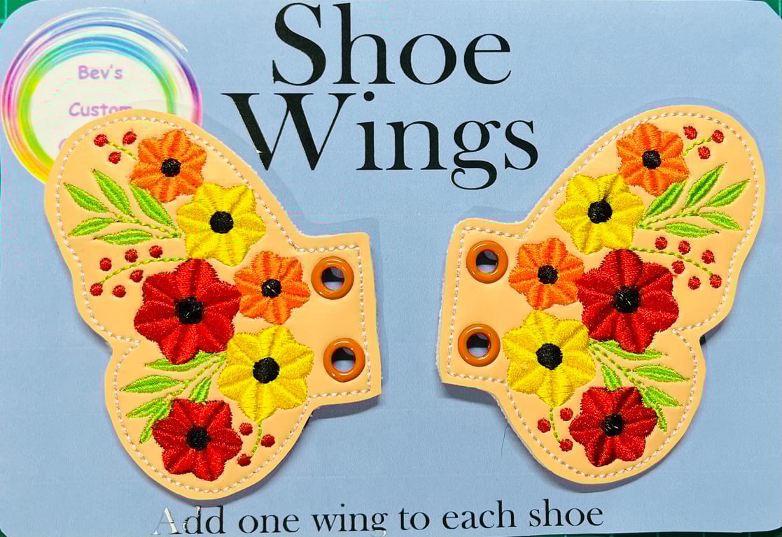 Floral butterfly Wings, Embroidered shoe,boot wings. Orange
