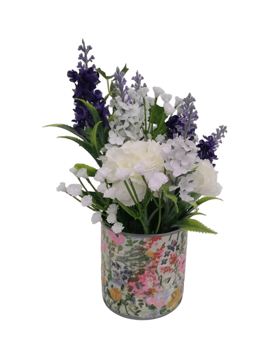 Floral tin can filled with Lavender, Carnations, Gypsophila and Ivy.