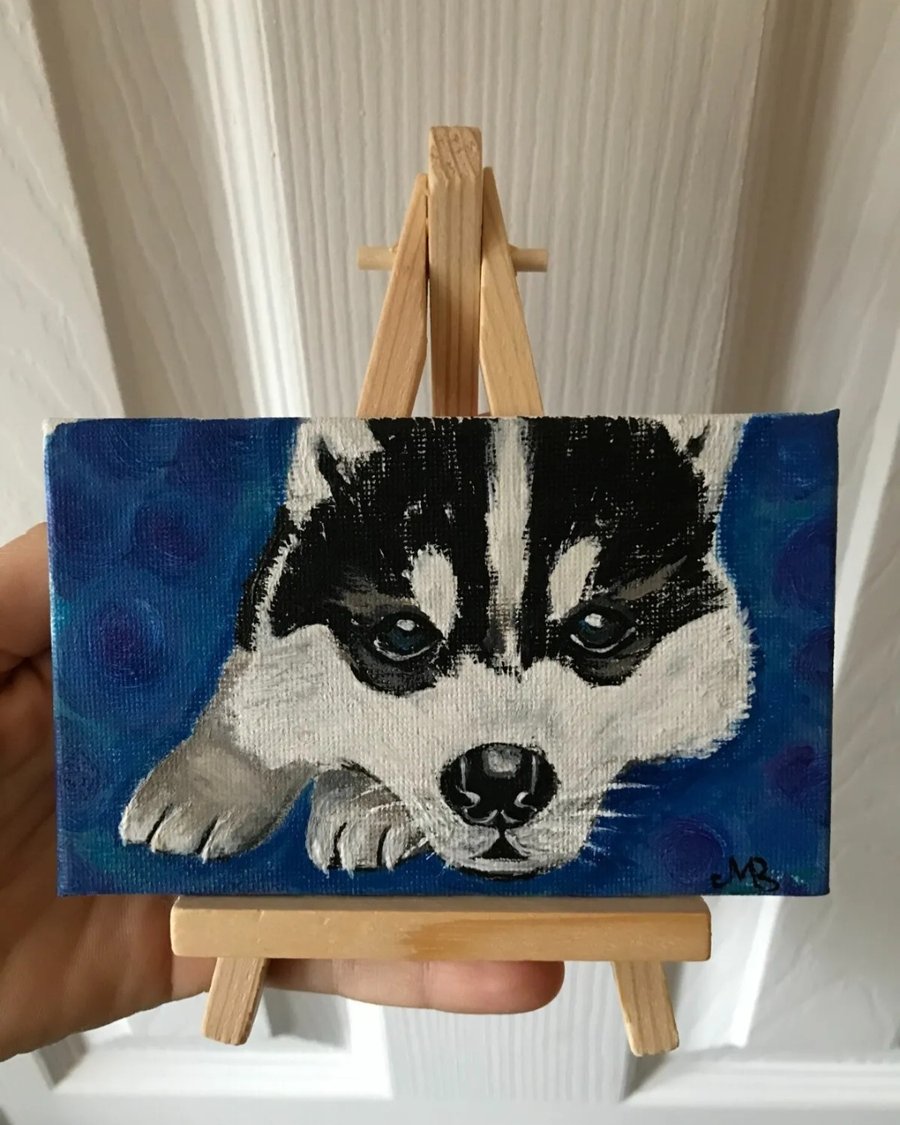 Original mini canvas board painting doggy husky