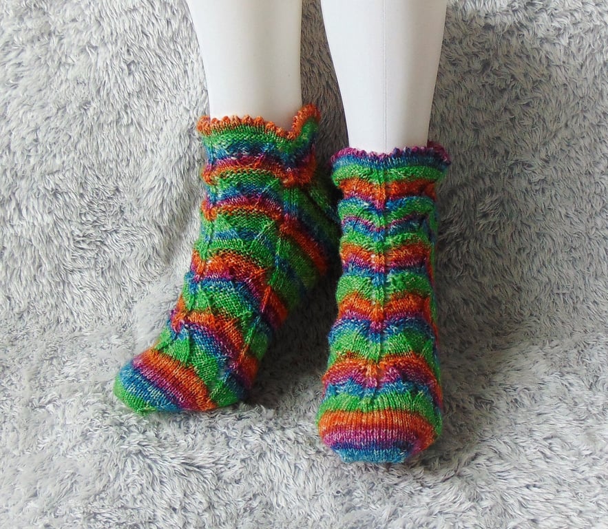 Rainbow-Coloured Ankle Socks, Hand Knitted Socks, Pretty Socks
