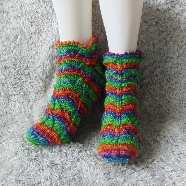 Rainbow-Coloured Ankle Socks, Hand Knitted Socks, Pretty Socks
