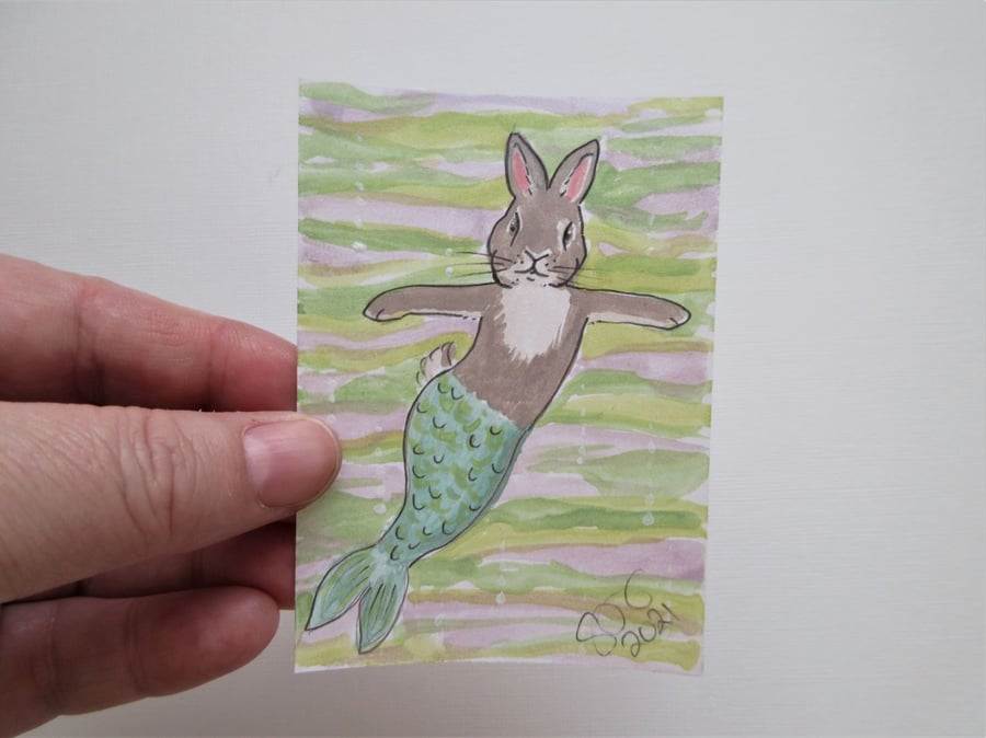 Merbunny ACEO Miniature Painting Watercolour Mermaid and Bunny Underwater 