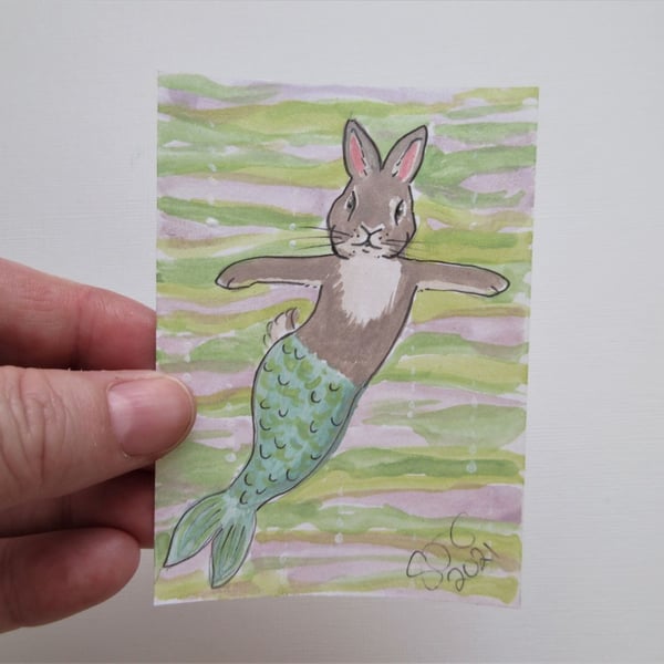 Merbunny ACEO Miniature Painting Watercolour Mermaid and Bunny Underwater 