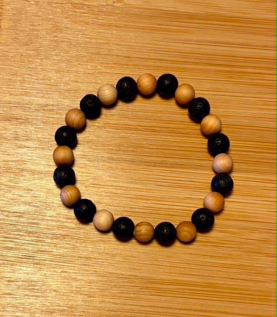 Lava Stone & Natural Wood Bead Bracelet