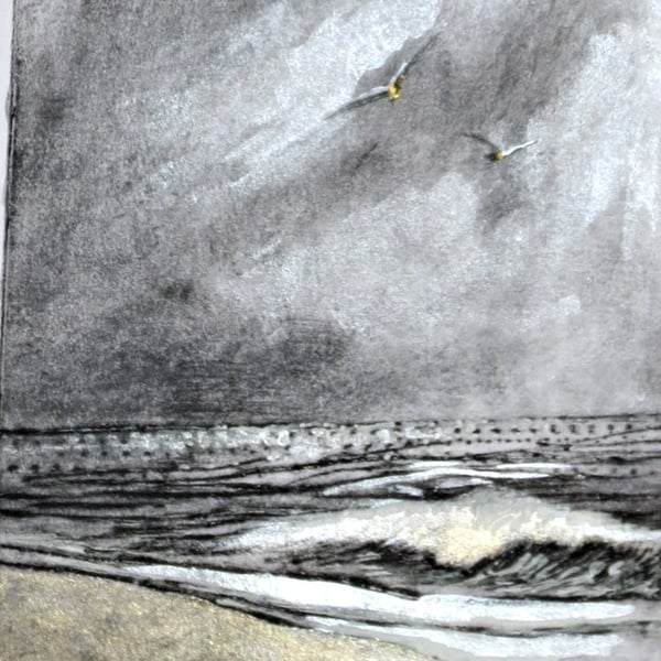 Original mixed media and drypoint beach shoreline seascape OOAK