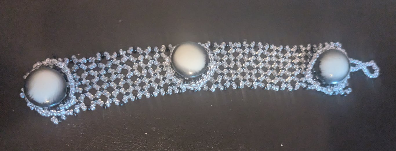 Woven Black and White Button and Bead Bracelet
