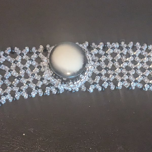 Woven Black and White Button and Bead Bracelet