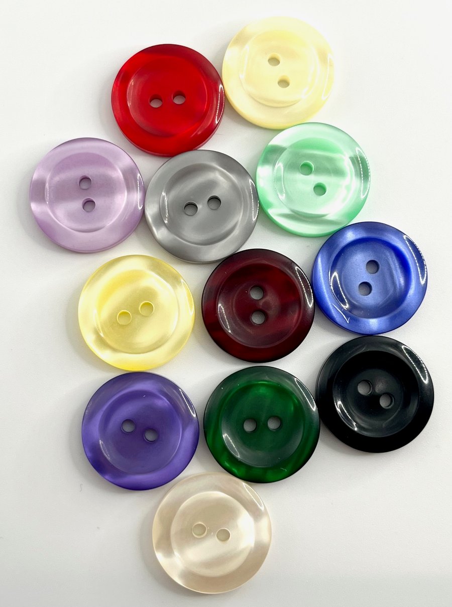 12 Pearlised Dish Buttons, Mixed Colours, 20mm Wide, One Each of 12 Colours