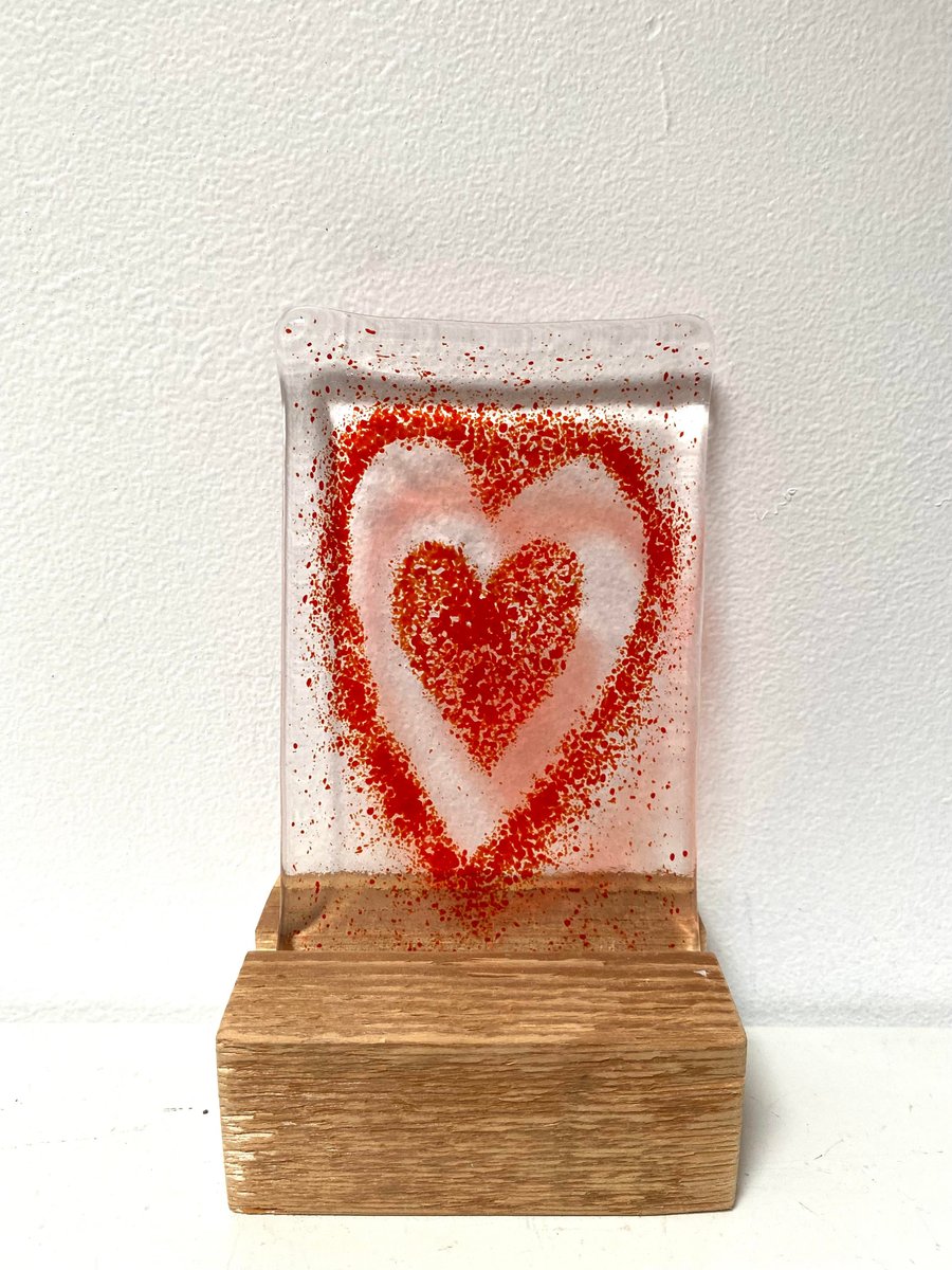 Fused Glass Heart Tile in Freestanding wooden block 