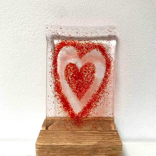 Fused Glass Heart Tile in Freestanding wooden block 