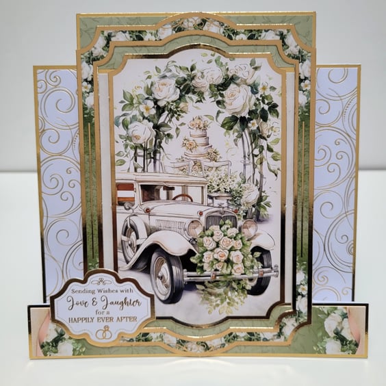 Luxury Keepsake Wedding Card - Classic Wedding Car with White Roses