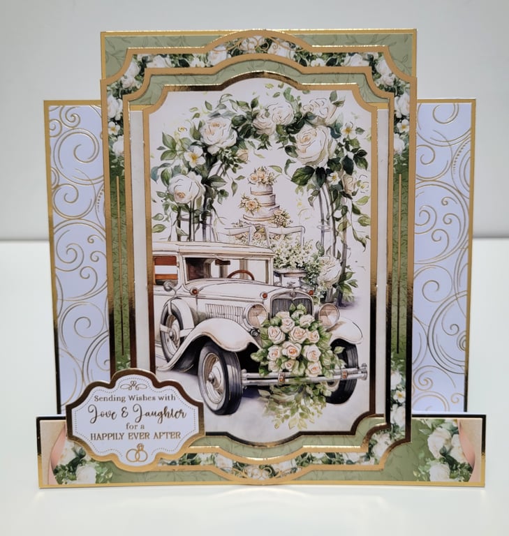 Luxury Keepsake Wedding Card - Classic Wedding Car with White Roses