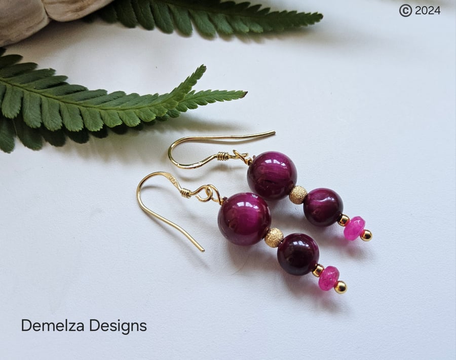 Designer Pink Tiger's Eye & Quartzite Gold Vermeil Earrings