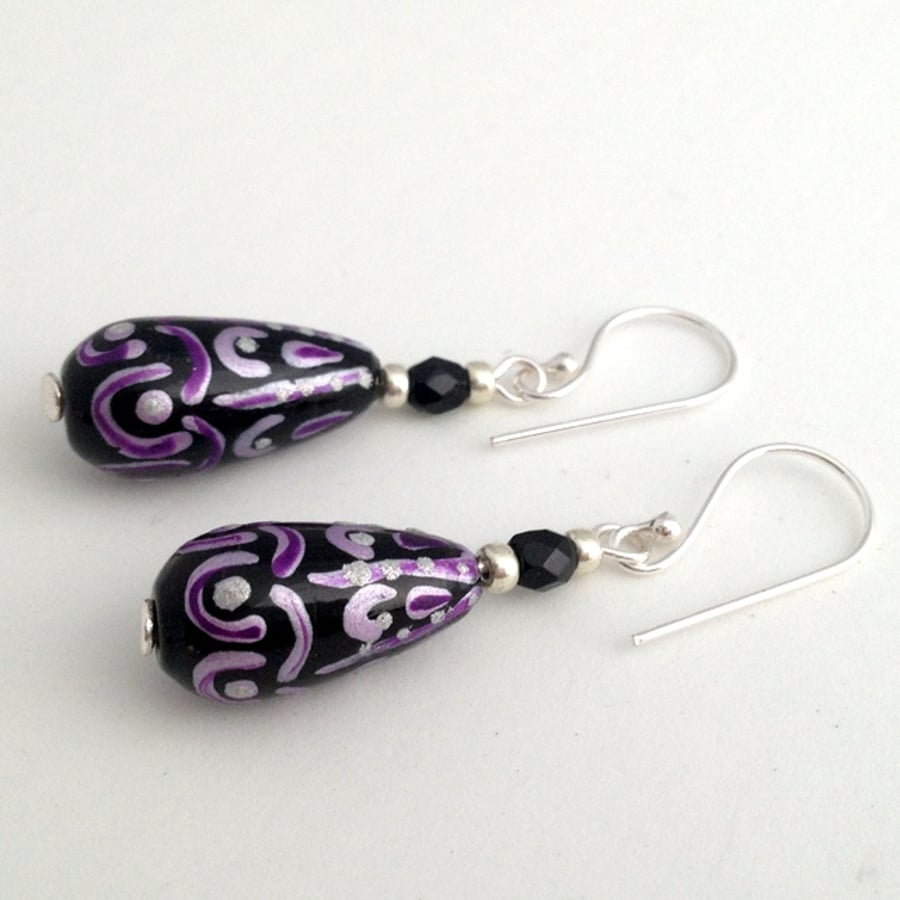 Purple & Black Pattern Drop Earrings