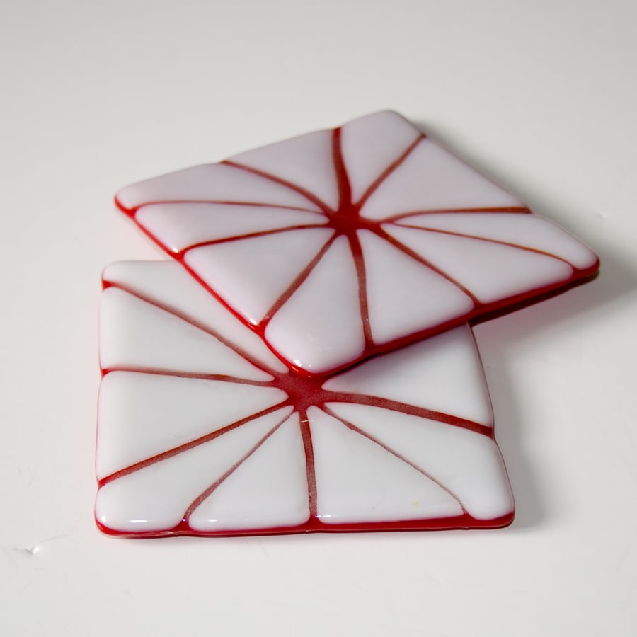 Pair of Red and White Fused Glass Coasters - 8028