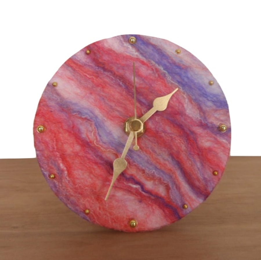 Desk clock, nuno felted in pink and purple, 12.5cm