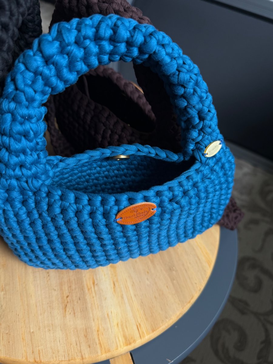 Handmade Crochet Bubble Bag Chunky Cotton Yarn, Blue or Pink, Button Cl