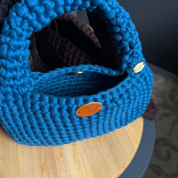Handmade Crochet Bubble Bag Chunky Cotton Yarn, Blue or Pink, Button Cl