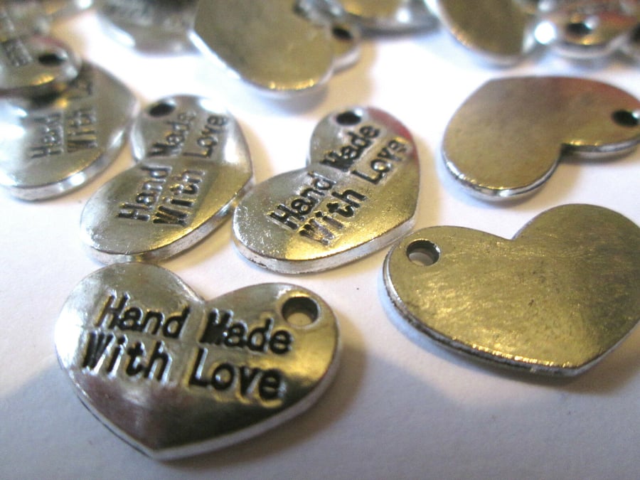20 x Tibetan Silver "Hand Made with Love" charms