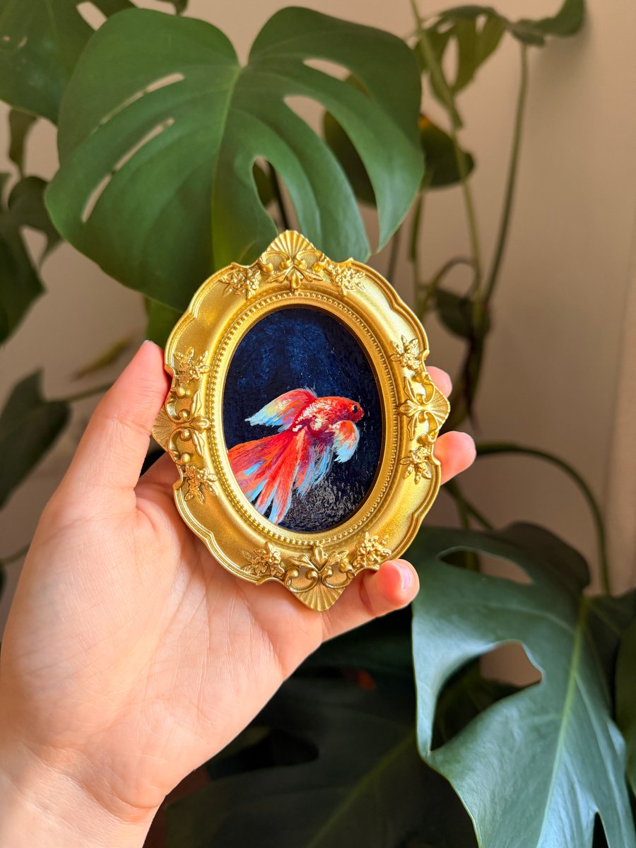 Goldfish under the moonlight original acrylic painting in vintage gold frame