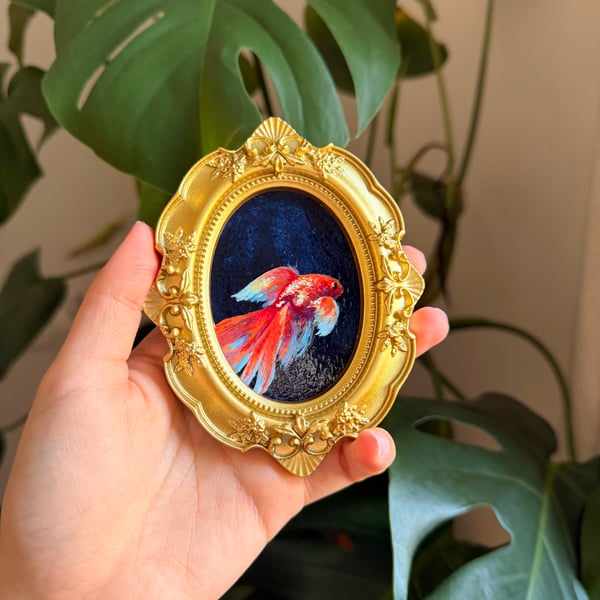 Goldfish under the moonlight original acrylic painting in vintage gold frame