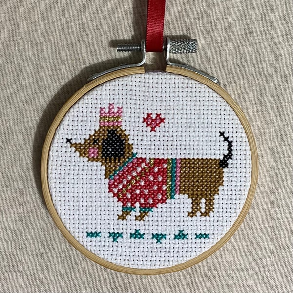 Sausage Dog Cross Stitch Hoop Art: Dachshund Embroidery, Red Ribbon