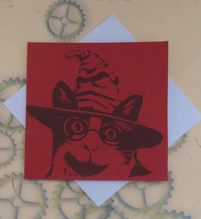 Harry Potter Cat Art Greeting Card From Original Lino Cut Print Red