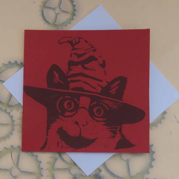 Harry Potter Cat Art Greeting Card From Original Lino Cut Print Red