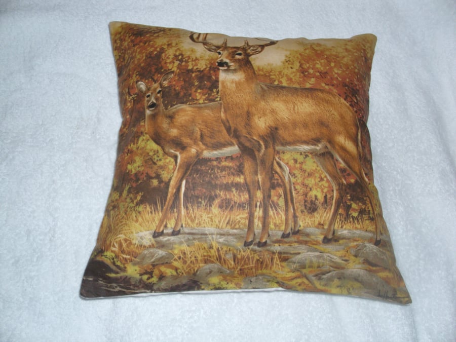 A Deer and Stag in an Autumnal wood cushion