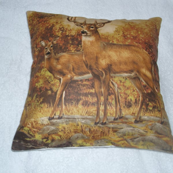 A Deer and Stag in an Autumnal wood cushion