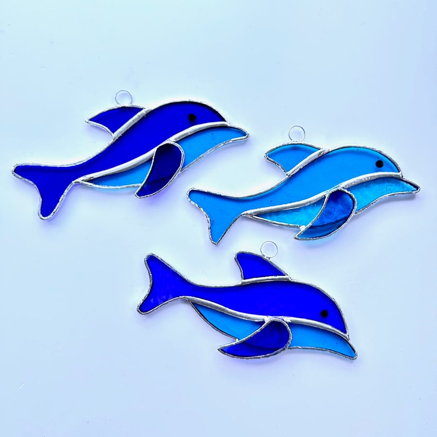 Stained Glass Dolphin Suncatcher - Hanging Window Decoration - D Blue and Turq
