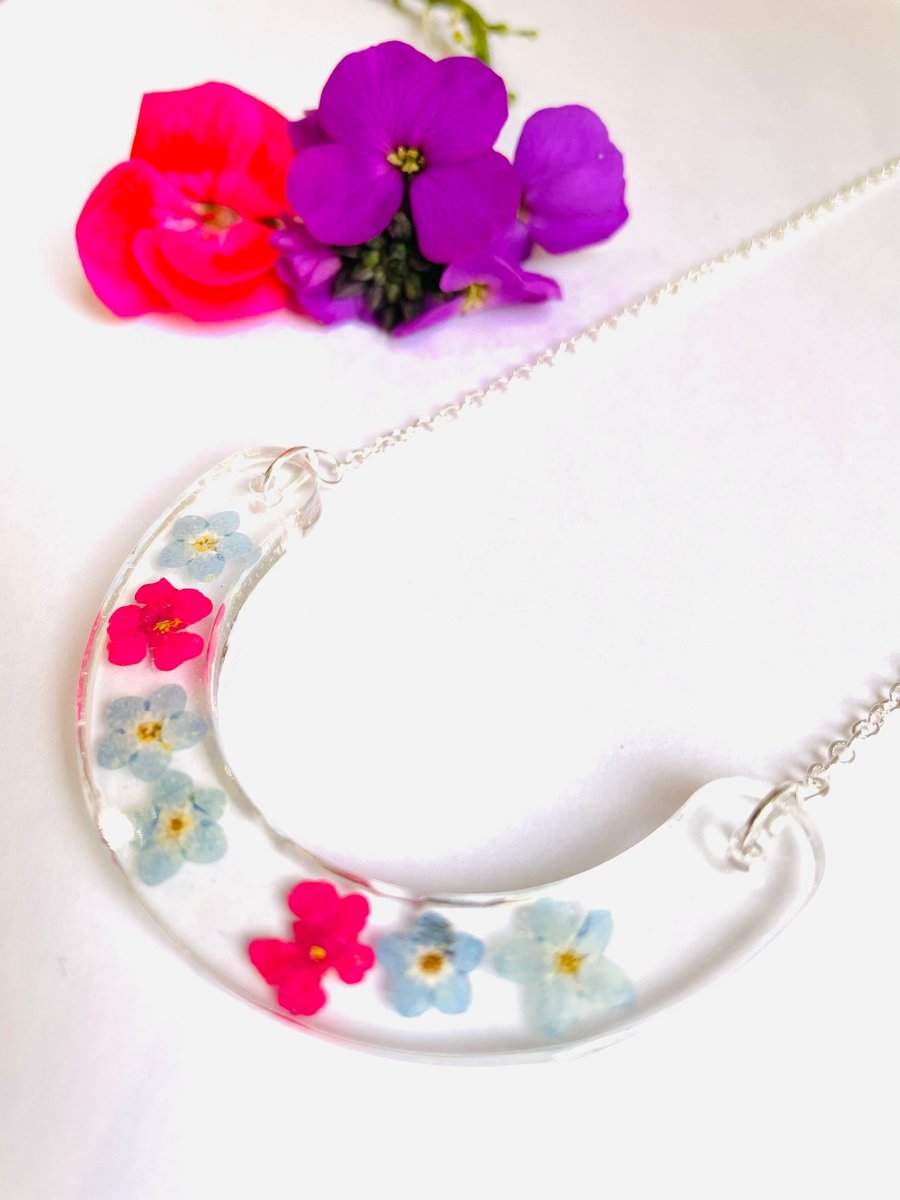 Pressed flower necklace, silver bib necklace, easter gift for her 