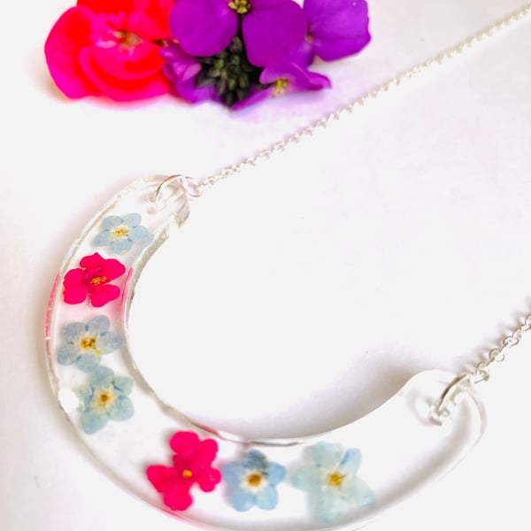 Pressed flower necklace, silver bib necklace, easter gift for her 