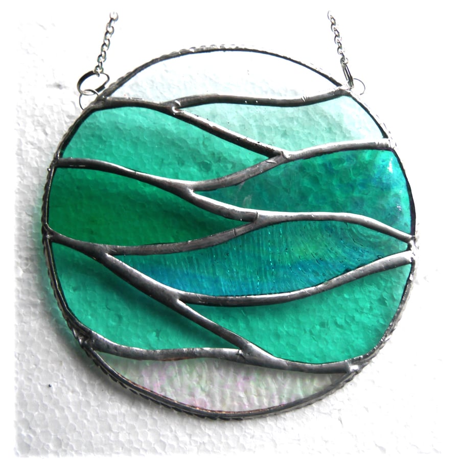 Making Waves Teal Stained Glass Suncatcher Handmade Ring Sea