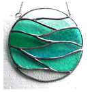 Making Waves Teal Stained Glass Suncatcher Handmade Ring Sea