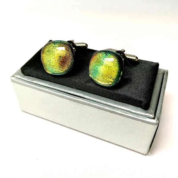 Rich Golden Dichroic Glass Cuff Links