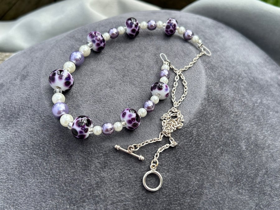 violet purple and white spotted lampwork glass beaded necklace