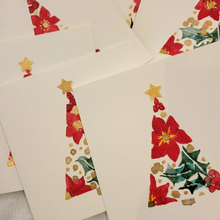 Christmas Cards. Handpainted Christmas Tree Design. 5 PACK