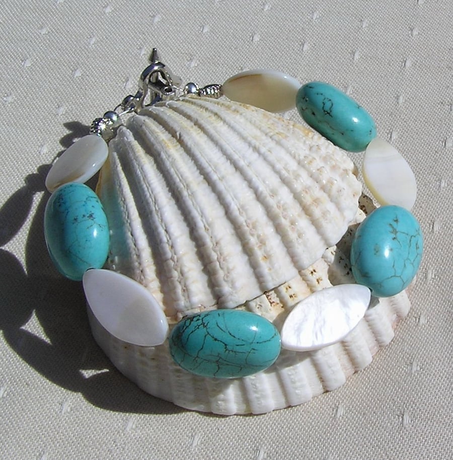 SALE Turquoise Magnesite & White Mother of Pearl Gemstone Bracelet - SALE PRICE