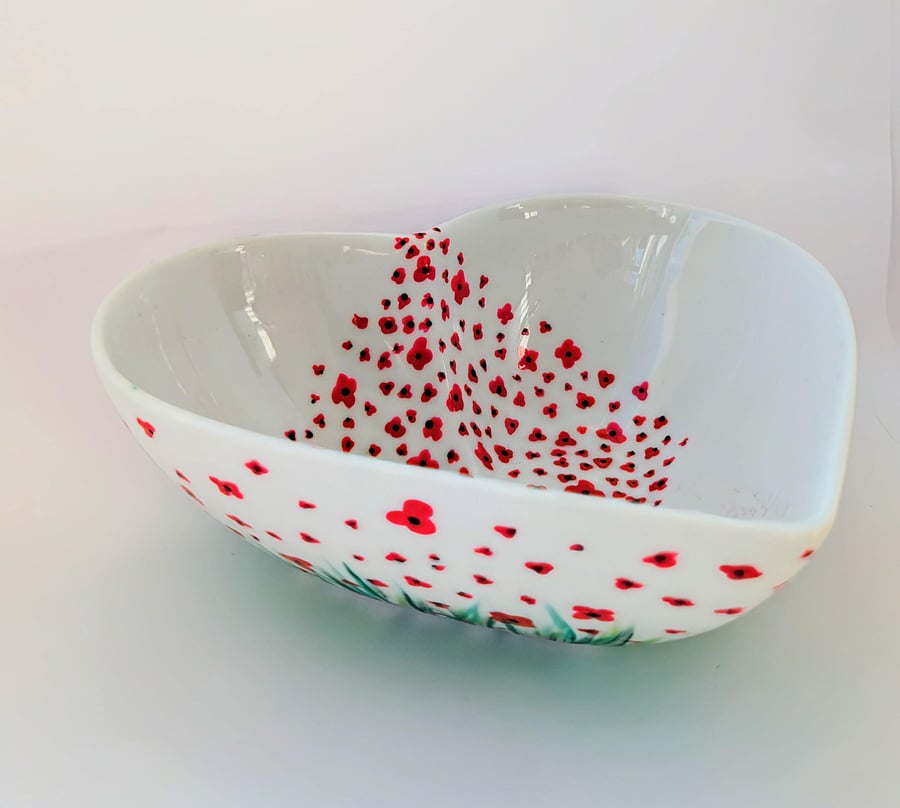 Bespoke Hand Painted Heart Shaped Bowl trinket dish, poppies
