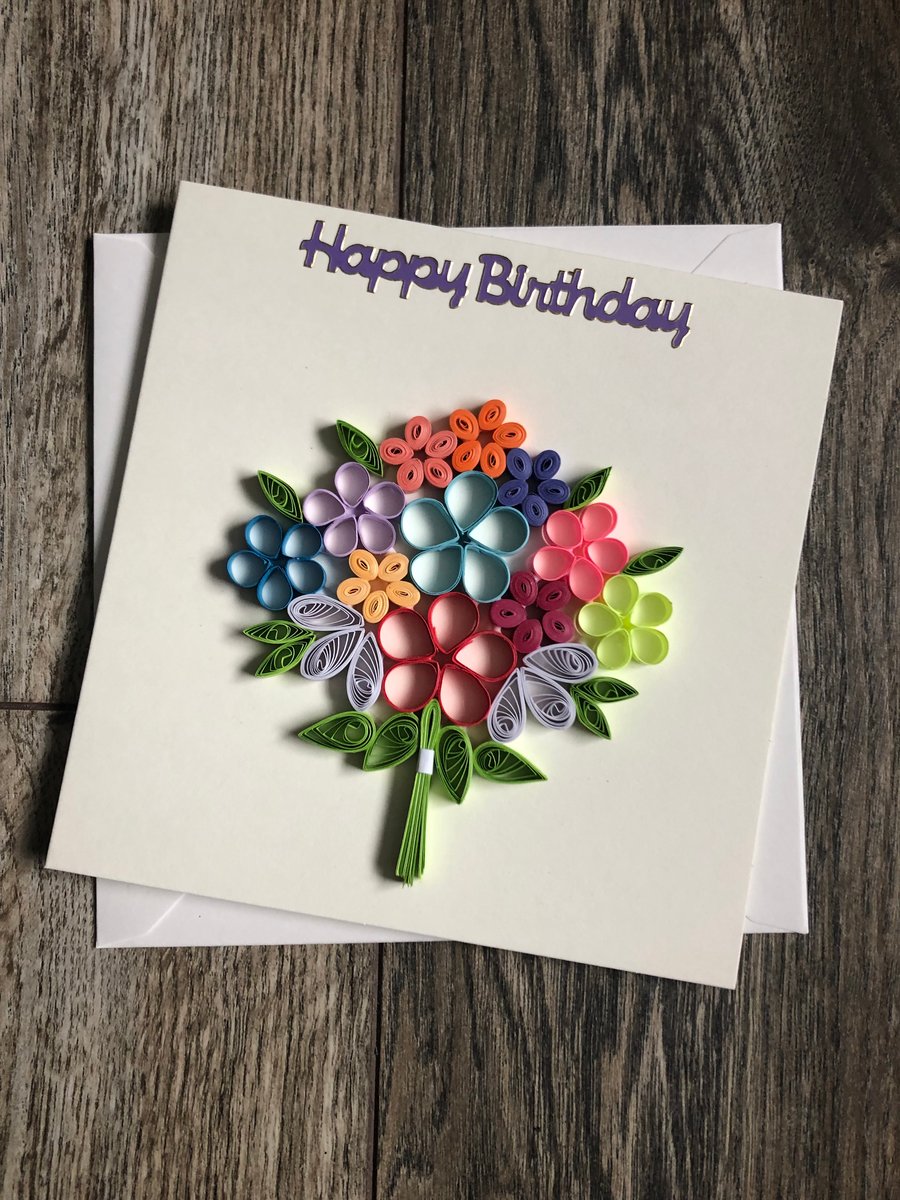 Handmade quilled happy birthday mixed colour bouquet 
