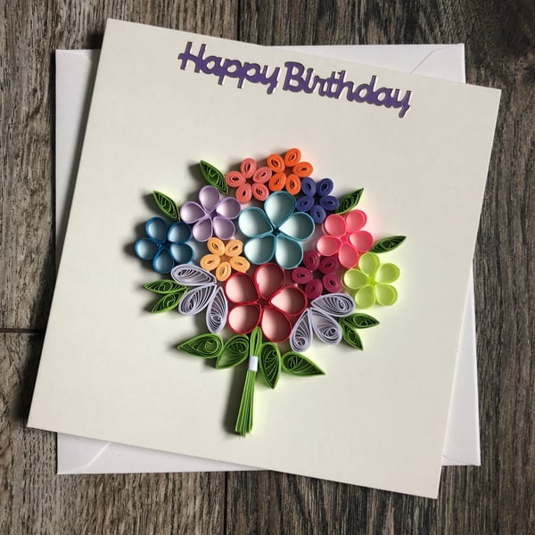 Handmade quilled happy birthday mixed colour bouquet 