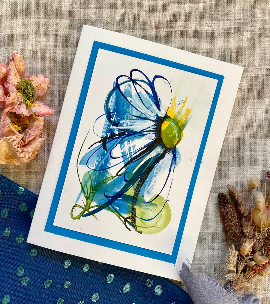 Hand painted blank card, floral abstract original art card, watercolour and ink.