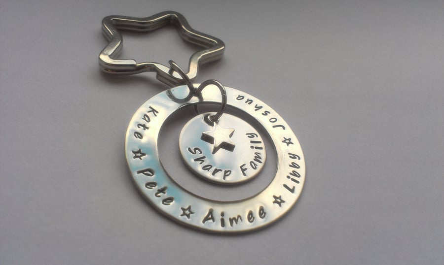 Hand stamped personalised stainless steel family keyring