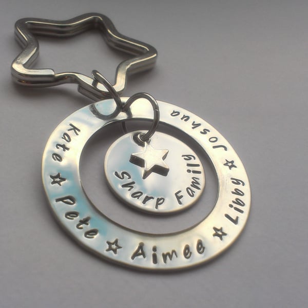 Hand stamped personalised stainless steel family keyring