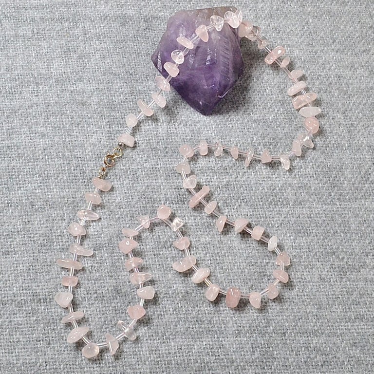 Rose Quartz Chip and Bugle Bead Necklace