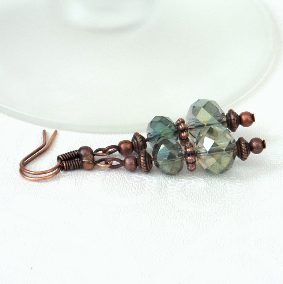 Delicate green crystal copper earrings, vintage inspired