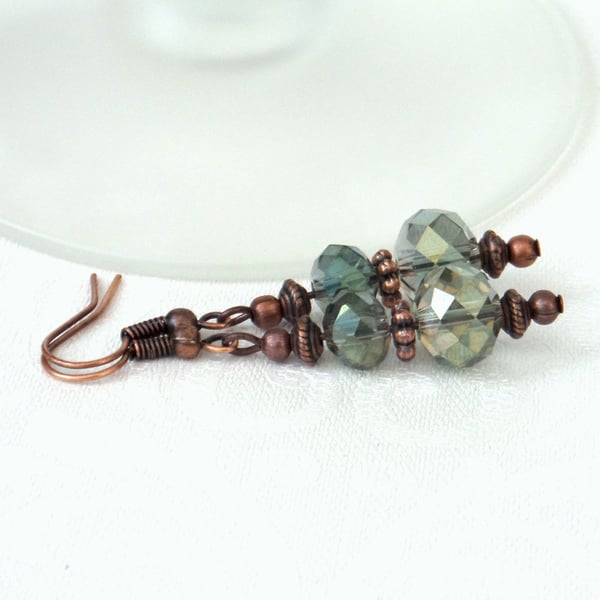 Delicate green crystal copper earrings, vintage inspired