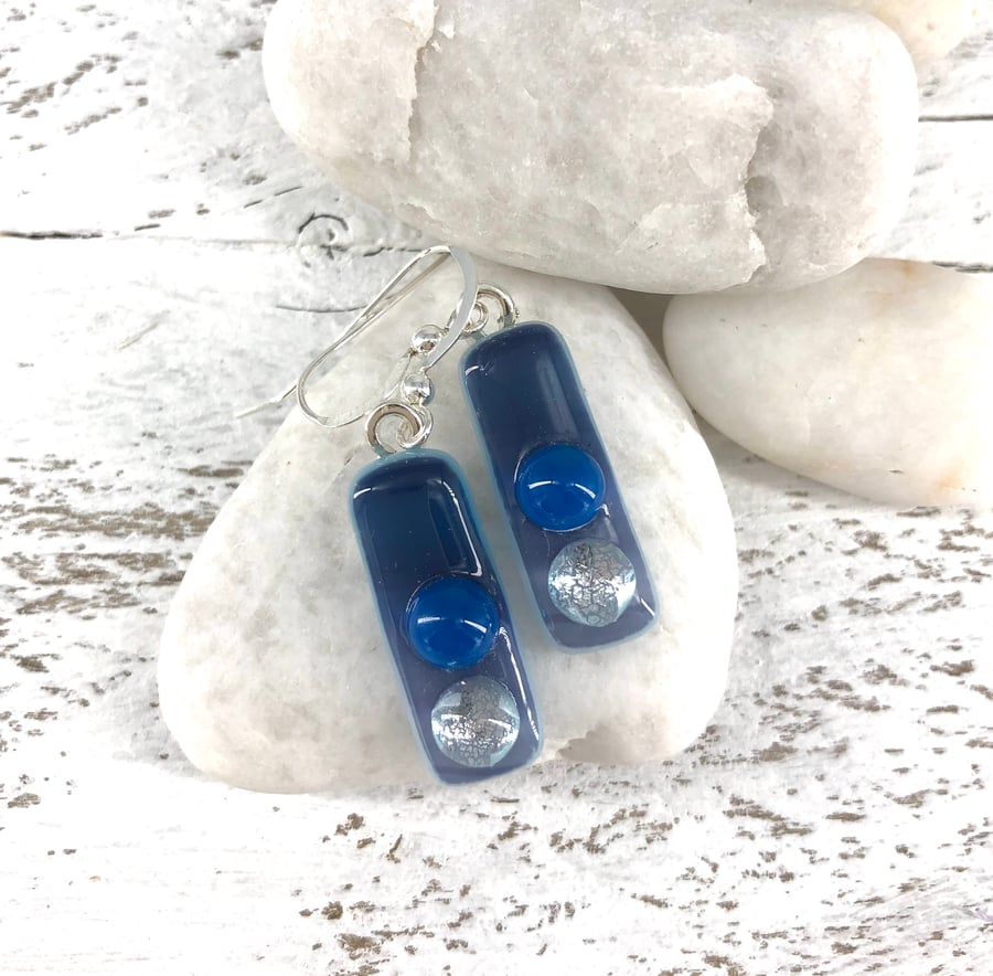 Pretty Blue Glass Drop Earrings with Dichroic Detail on Silver Wires